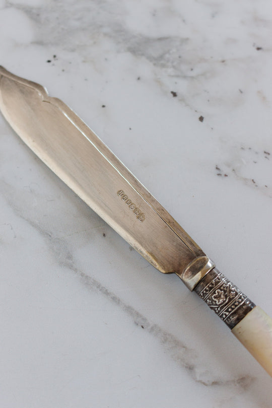 antique english silverplate mother of pearl fish serving set of 12 forks and knives