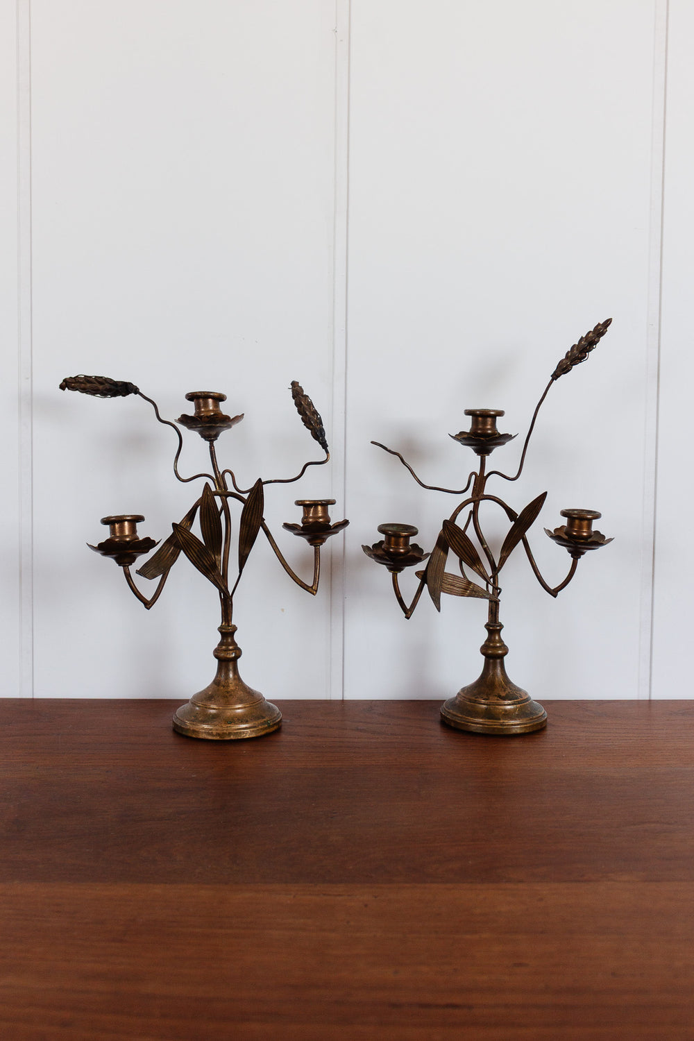 pair of antique french wheat and leaves candelabras