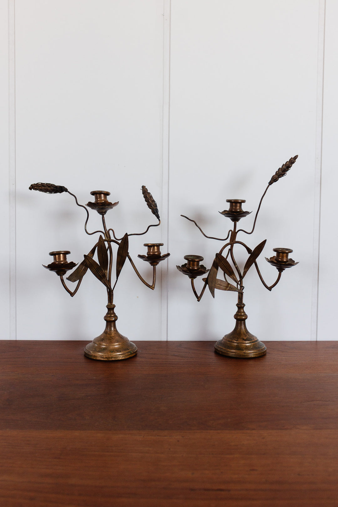 pair of antique french wheat and leaves candelabras