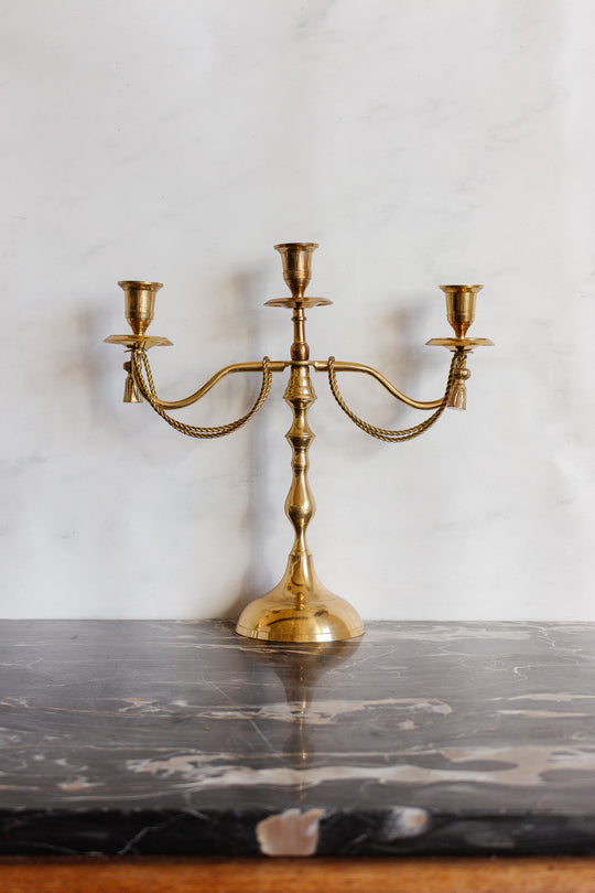 pair of vintage french candelabras with brass rope and tassels