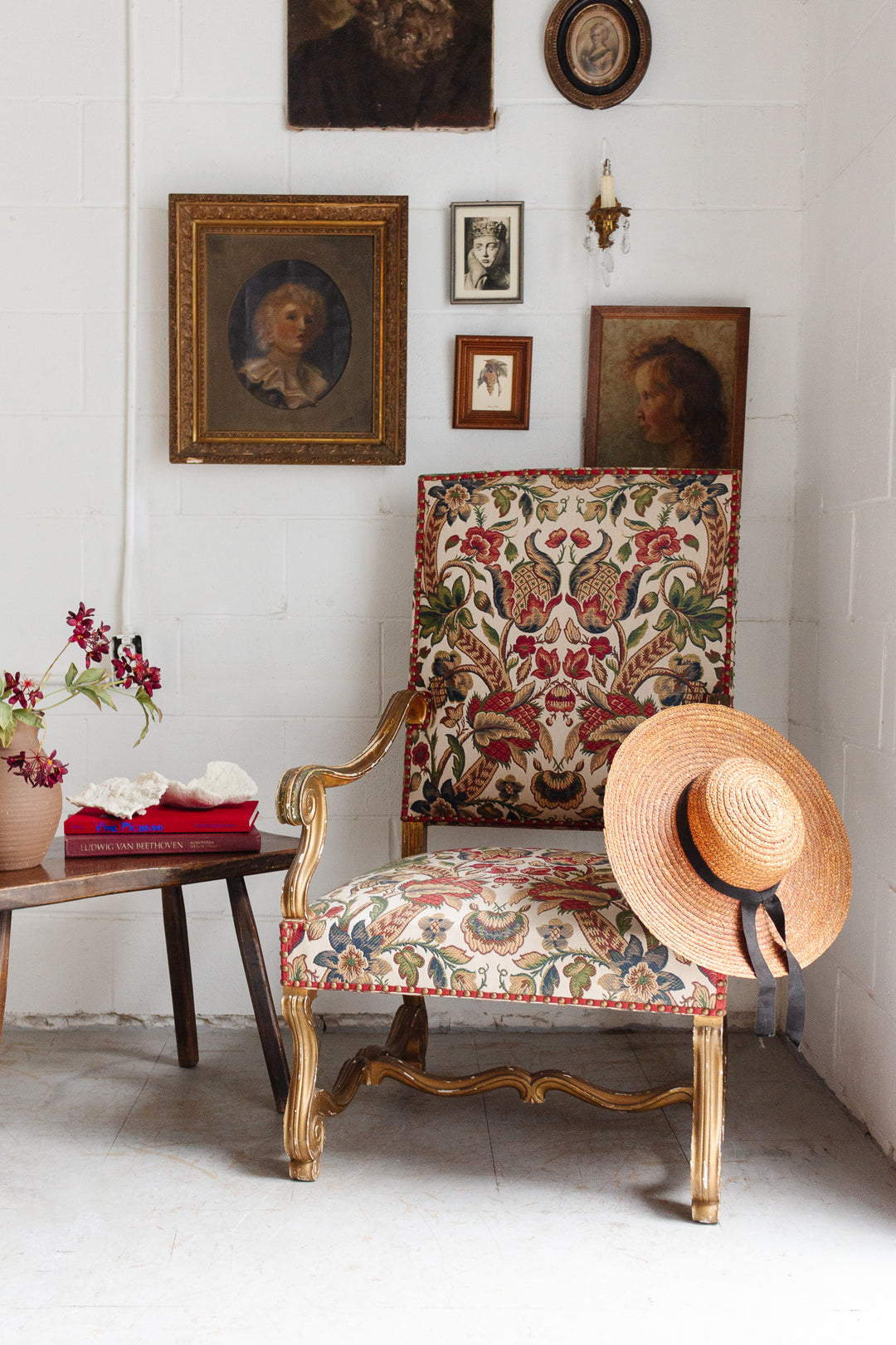 pair of 19th century French Louis XIV style tapestry & gilt walnut armchairs