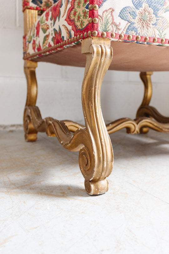 pair of 19th century French Louis XIV style tapestry & gilt walnut armchairs