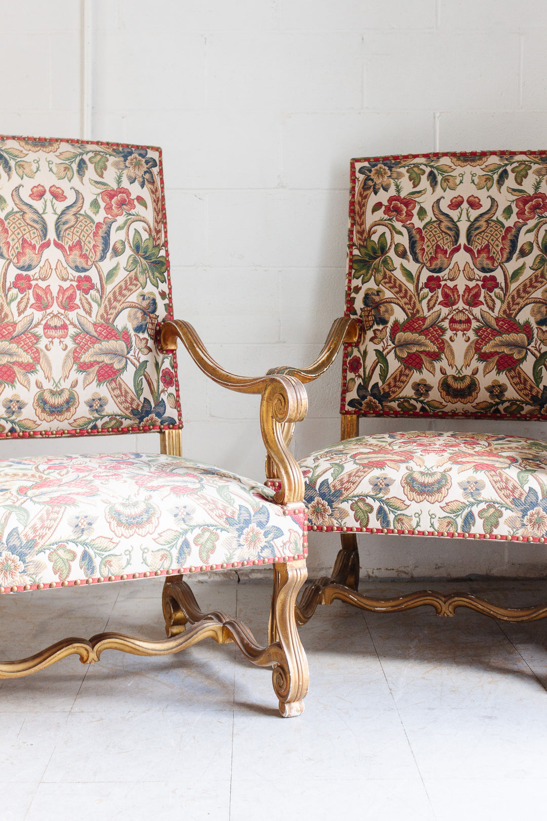 pair of 19th century French Louis XIV style tapestry & gilt walnut armchairs