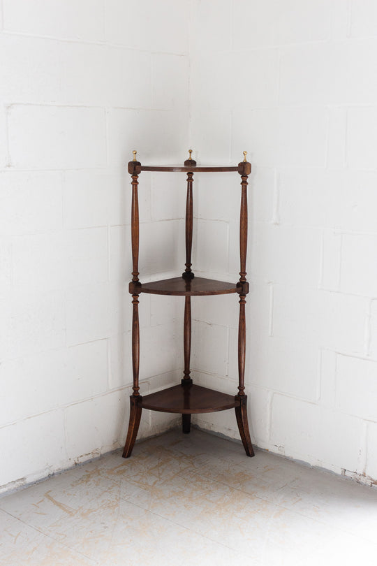 victorian mahogany corner shelf with brass finials