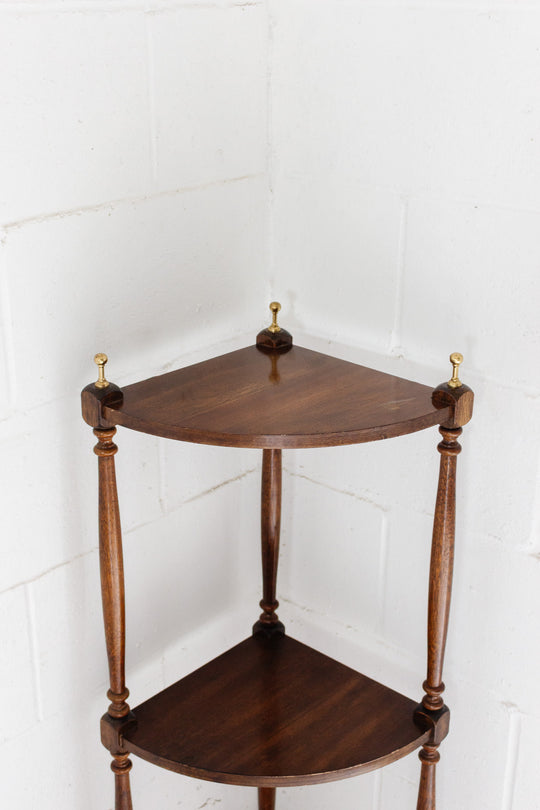 victorian mahogany corner shelf with brass finials