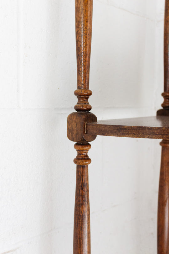 victorian mahogany corner shelf with brass finials