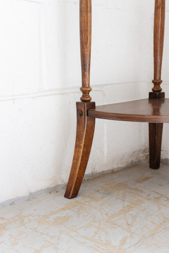 victorian mahogany corner shelf with brass finials