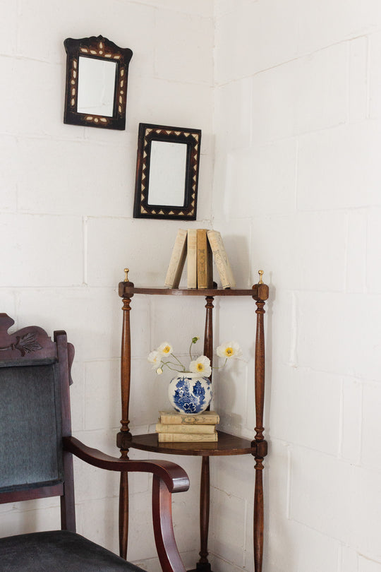 victorian mahogany corner shelf with brass finials