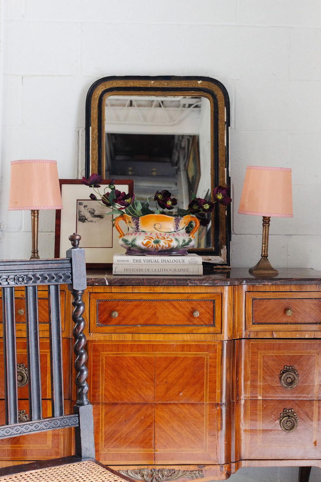 pair of antique French brass candlestick lamps with midcentury shades