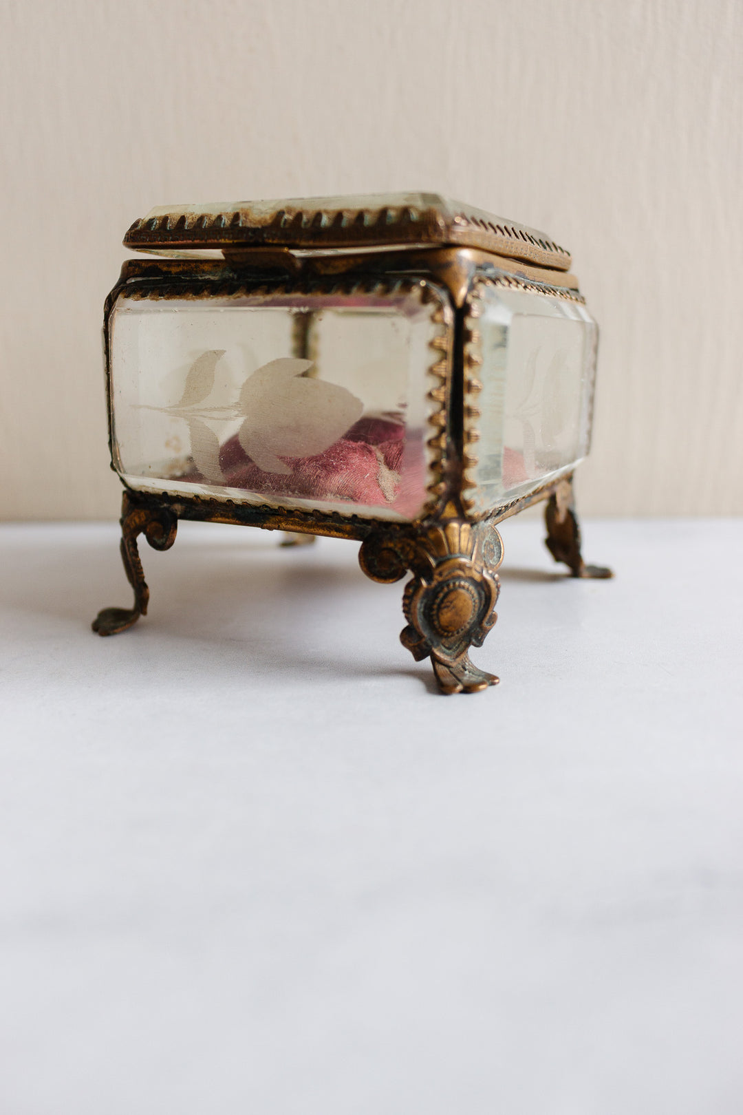 19th century Napoleon III gilt ormolu and beveled etched glass bijoux casket
