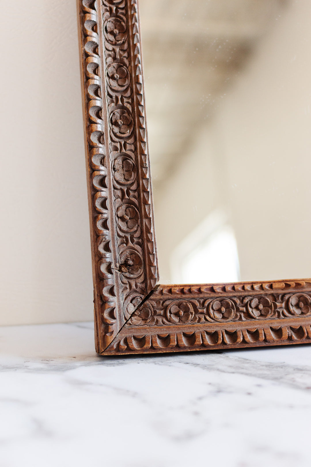 antique french ornately hand carved wood mirror