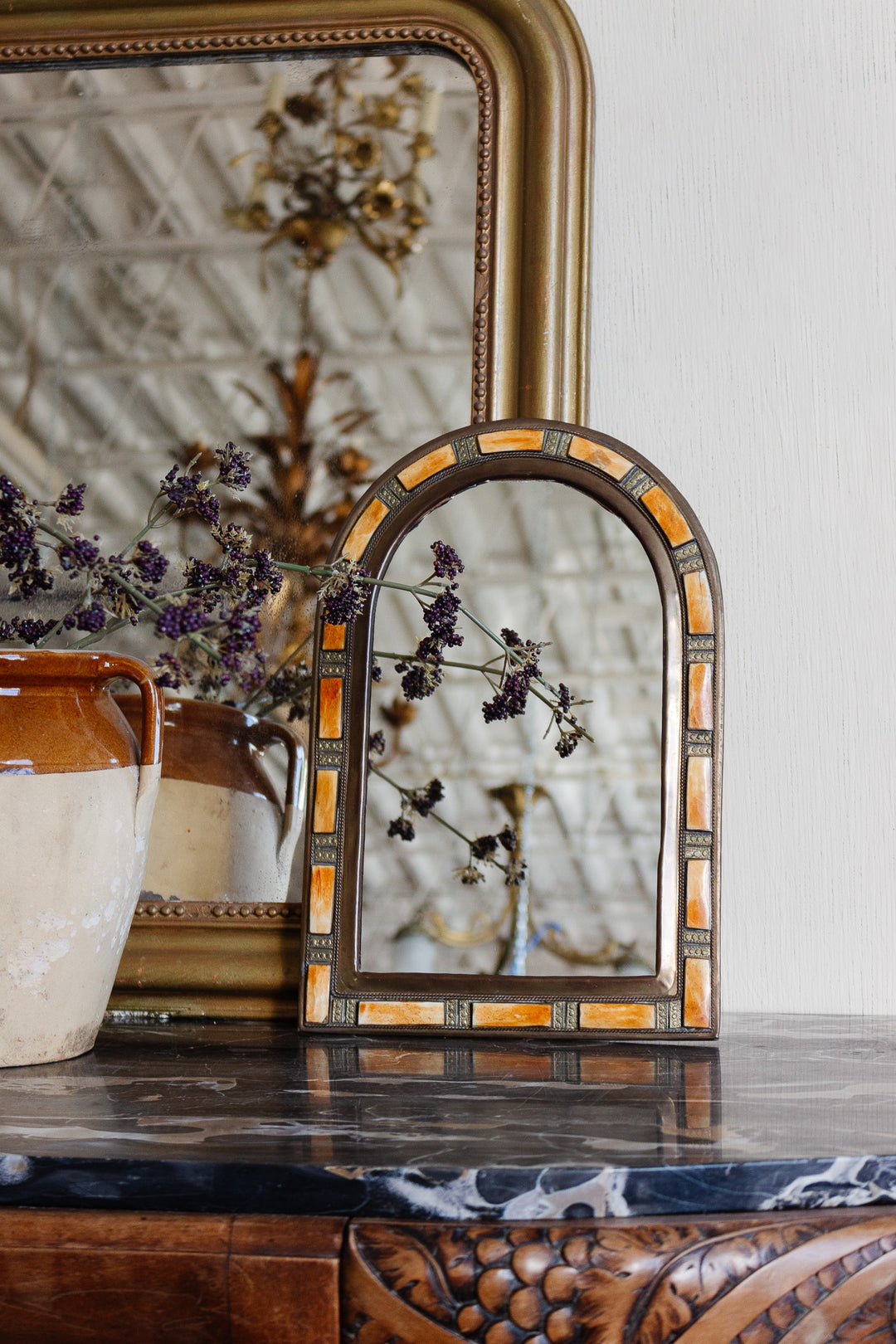 vintage Moroccan arched camel bone mirror
