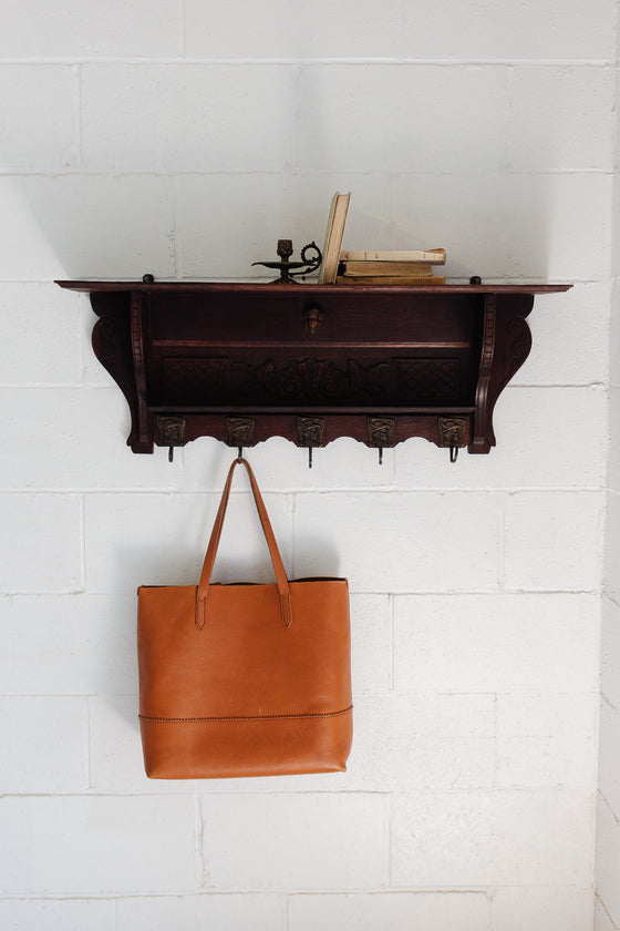 19th century French Renaissance entryway shelf with bronze hooks
