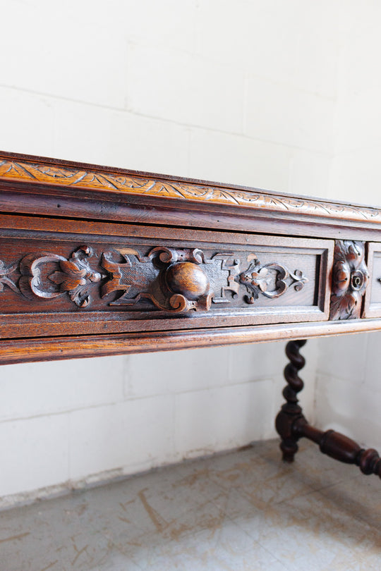 19th century French carved oak Renaissance revival barley twist desk