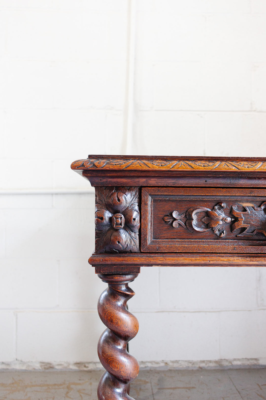 19th century French carved oak Renaissance revival barley twist desk