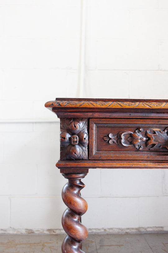 19th century French carved oak Renaissance revival barley twist desk
