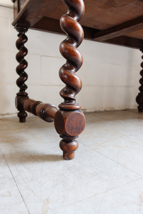 19th century French carved oak Renaissance revival barley twist desk