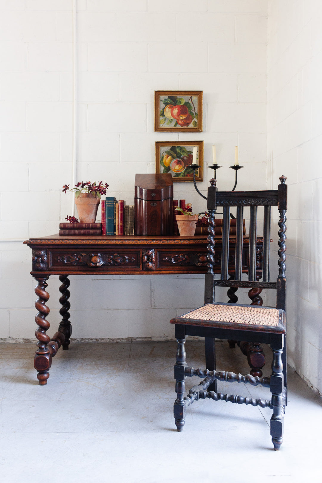19th century French carved oak Renaissance revival barley twist desk