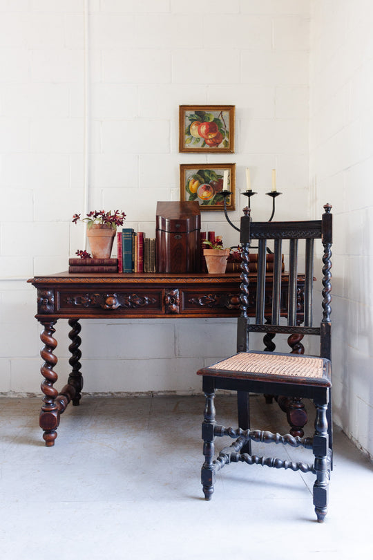 19th century French carved oak Renaissance revival barley twist desk