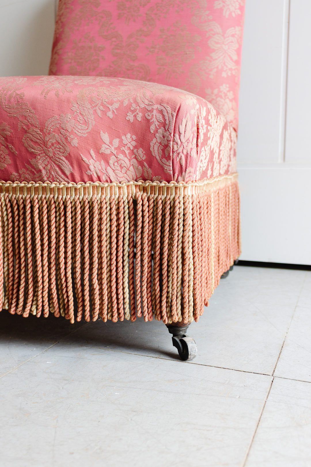 antique napoleon iii slipper chair with fringe on original casters