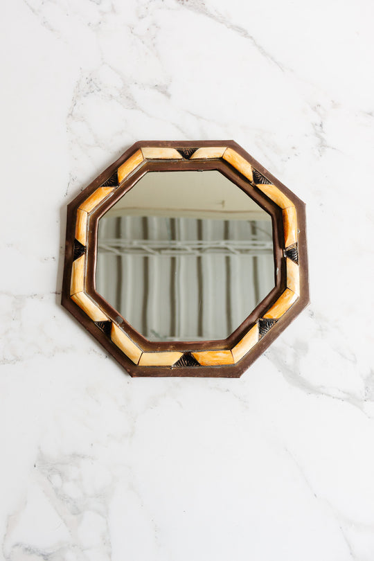 vintage Moroccan brass and camel bone octagonal mirror