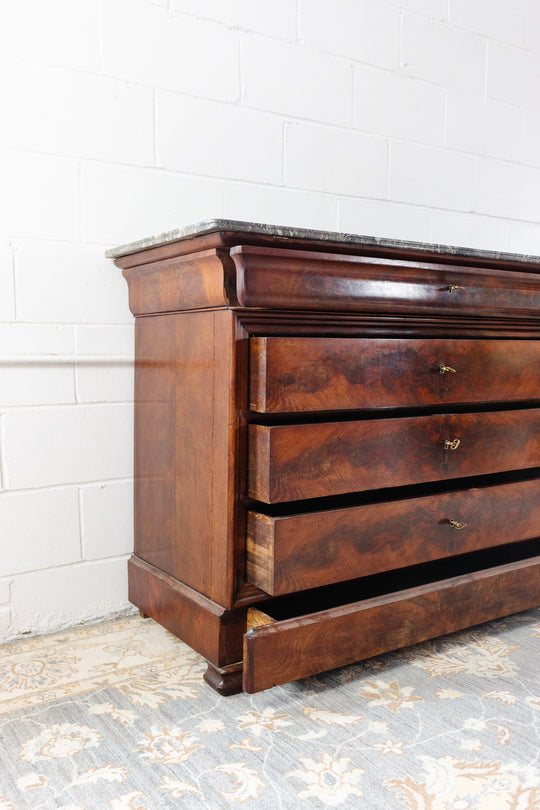 19th century french flamed mahogany commode with marble top