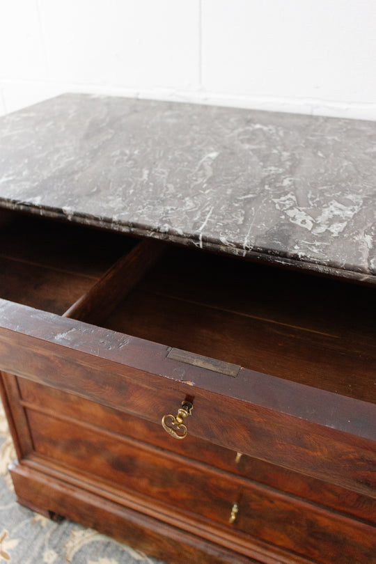 19th century french flamed mahogany commode with marble top