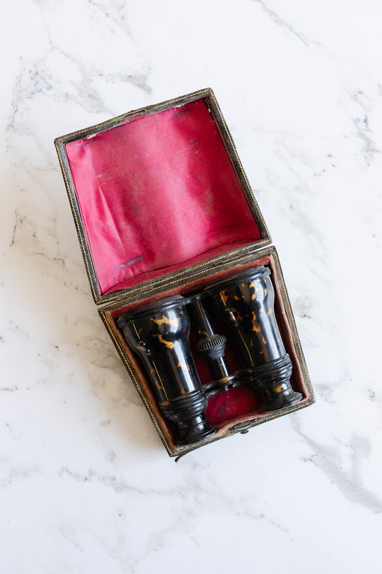 vintage french tortoise shell opera glasses in monogrammed leather case