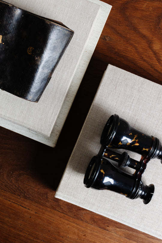 vintage french tortoise shell opera glasses in monogrammed leather case