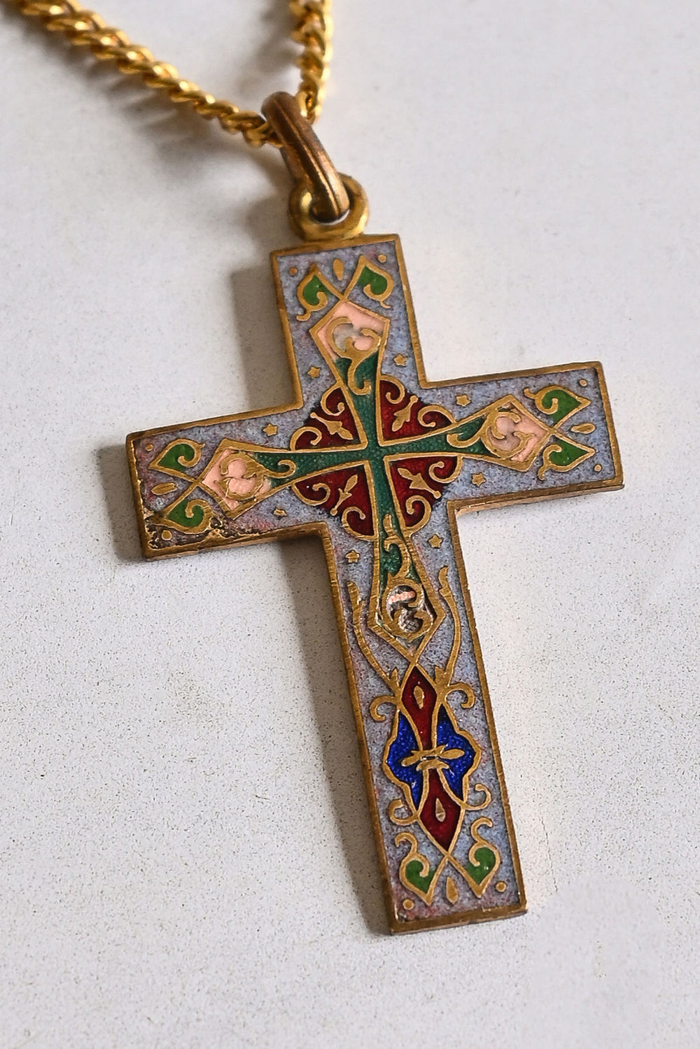 turn of the century French enamel cross pendant with chain