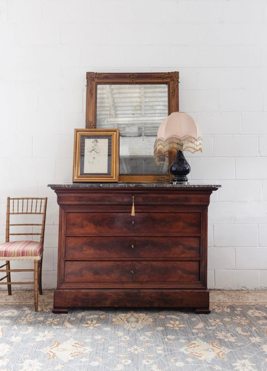19th century french flamed mahogany commode with marble top