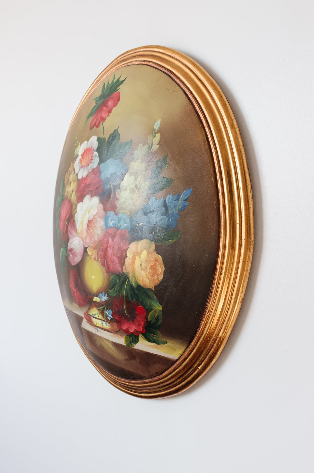 1970s italian hand painted convex wood still life with gilt wood frame