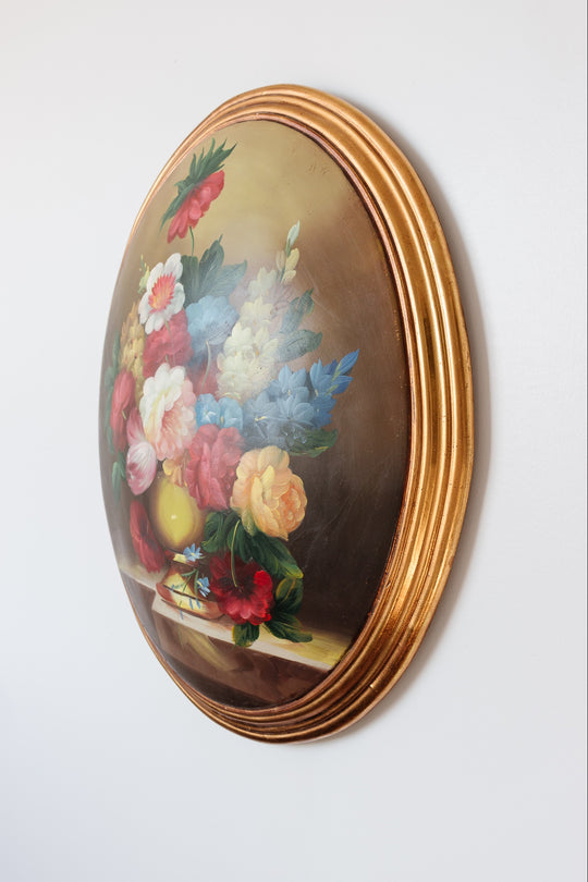 1970s italian hand painted convex wood still life with gilt wood frame