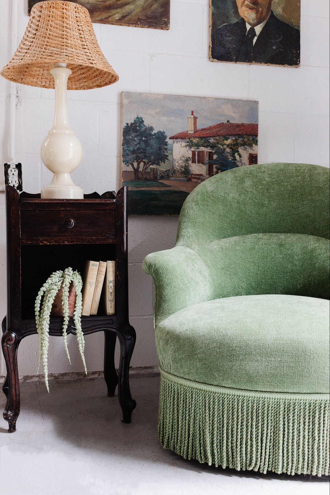 vintage french velvet crapaud chair with fringe