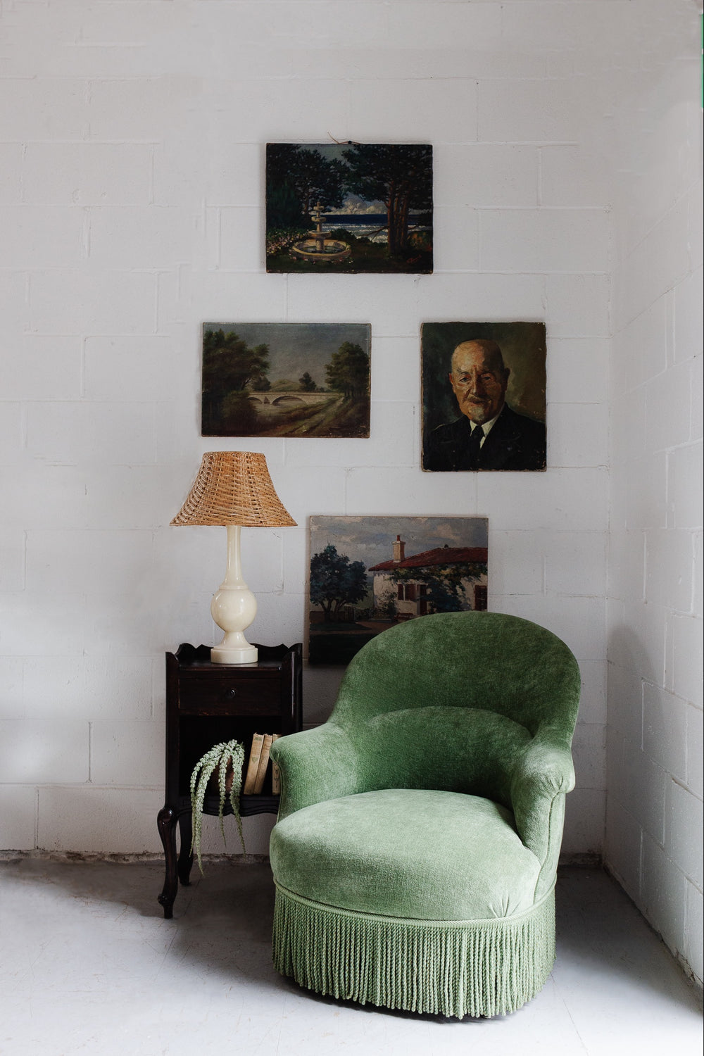 vintage french velvet crapaud chair with fringe