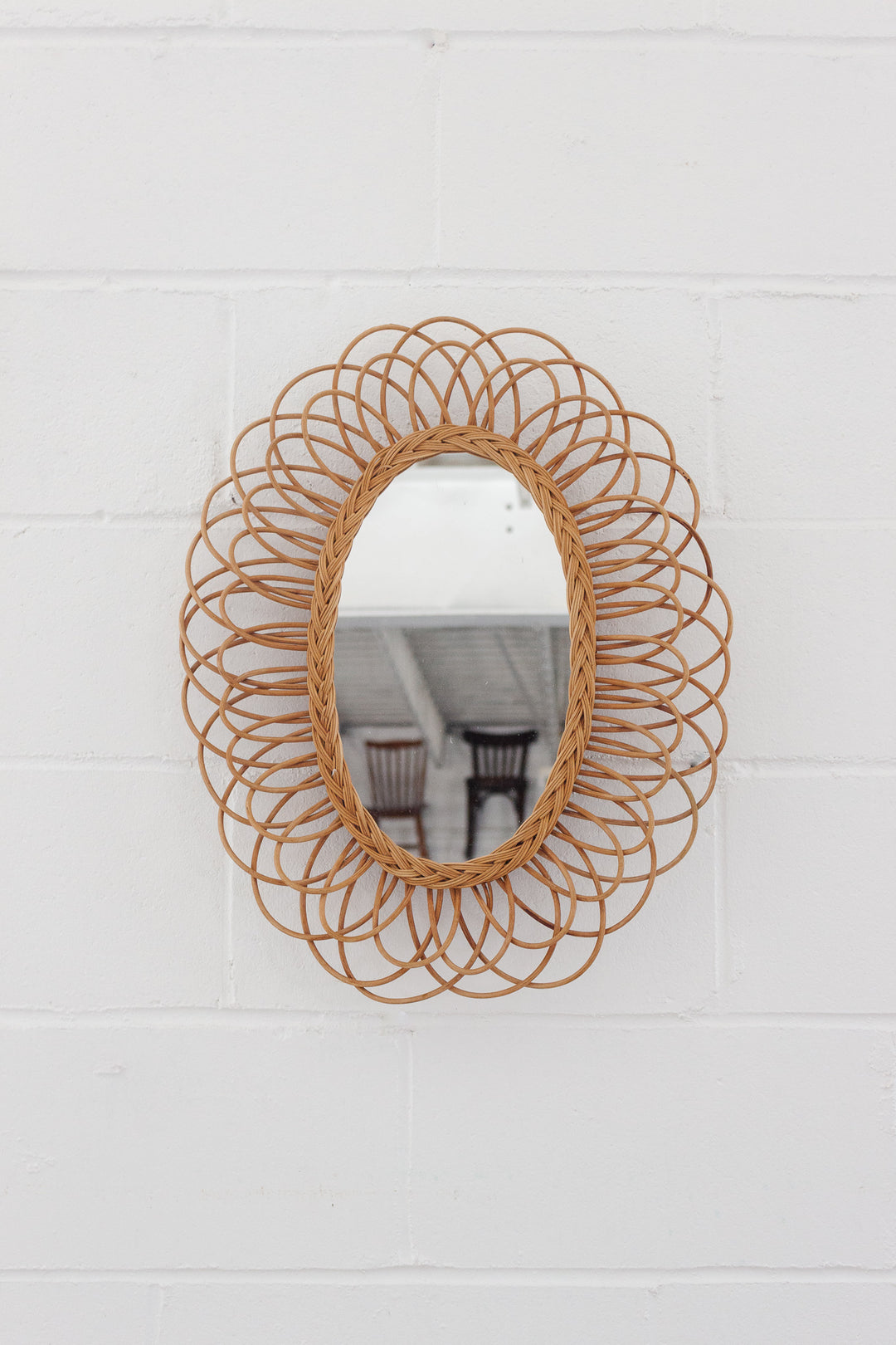 1960s French rattan oval flower mirror