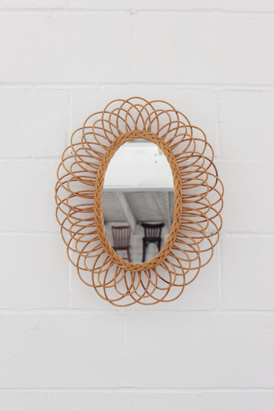 1960s French rattan oval flower mirror
