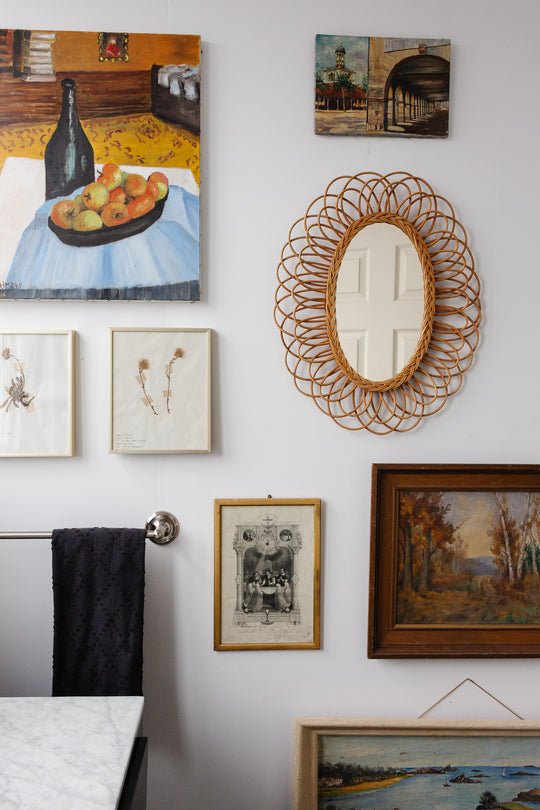 1960s French rattan oval flower mirror