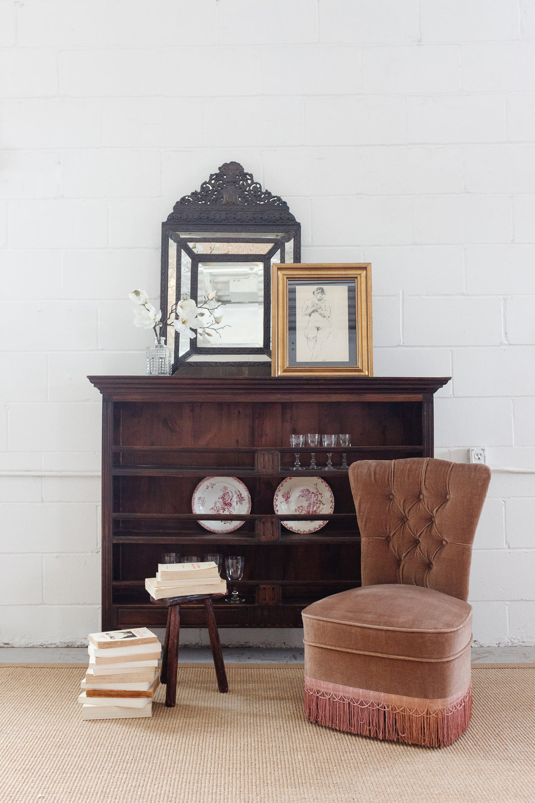 vintage french velvet slipper chair with fringe