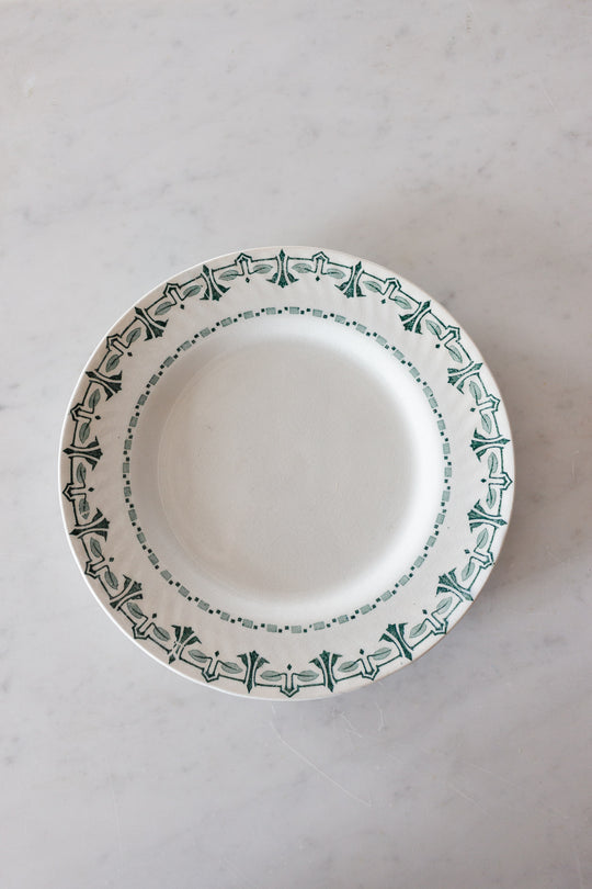 vintage French transferware dinner plates, matching set of 7