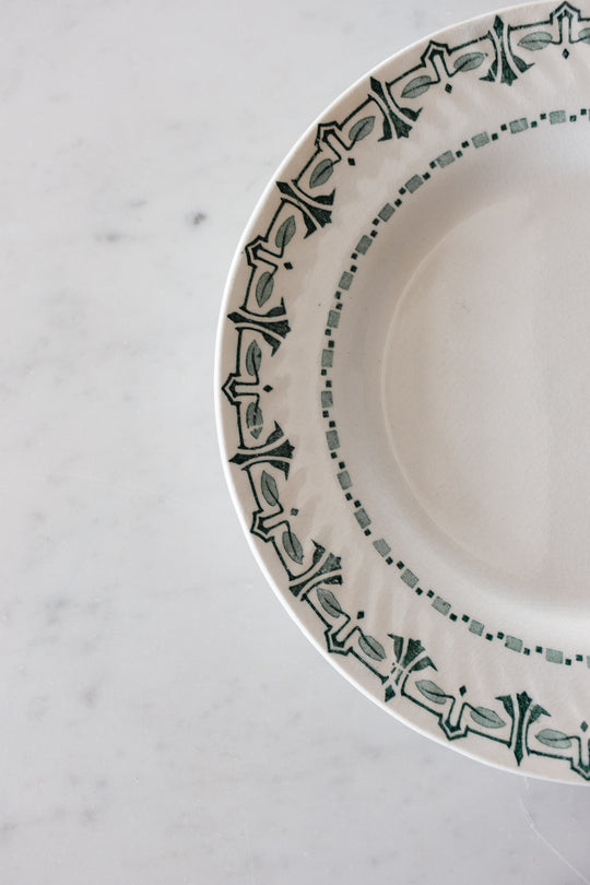 vintage French transferware dinner plates, matching set of 7