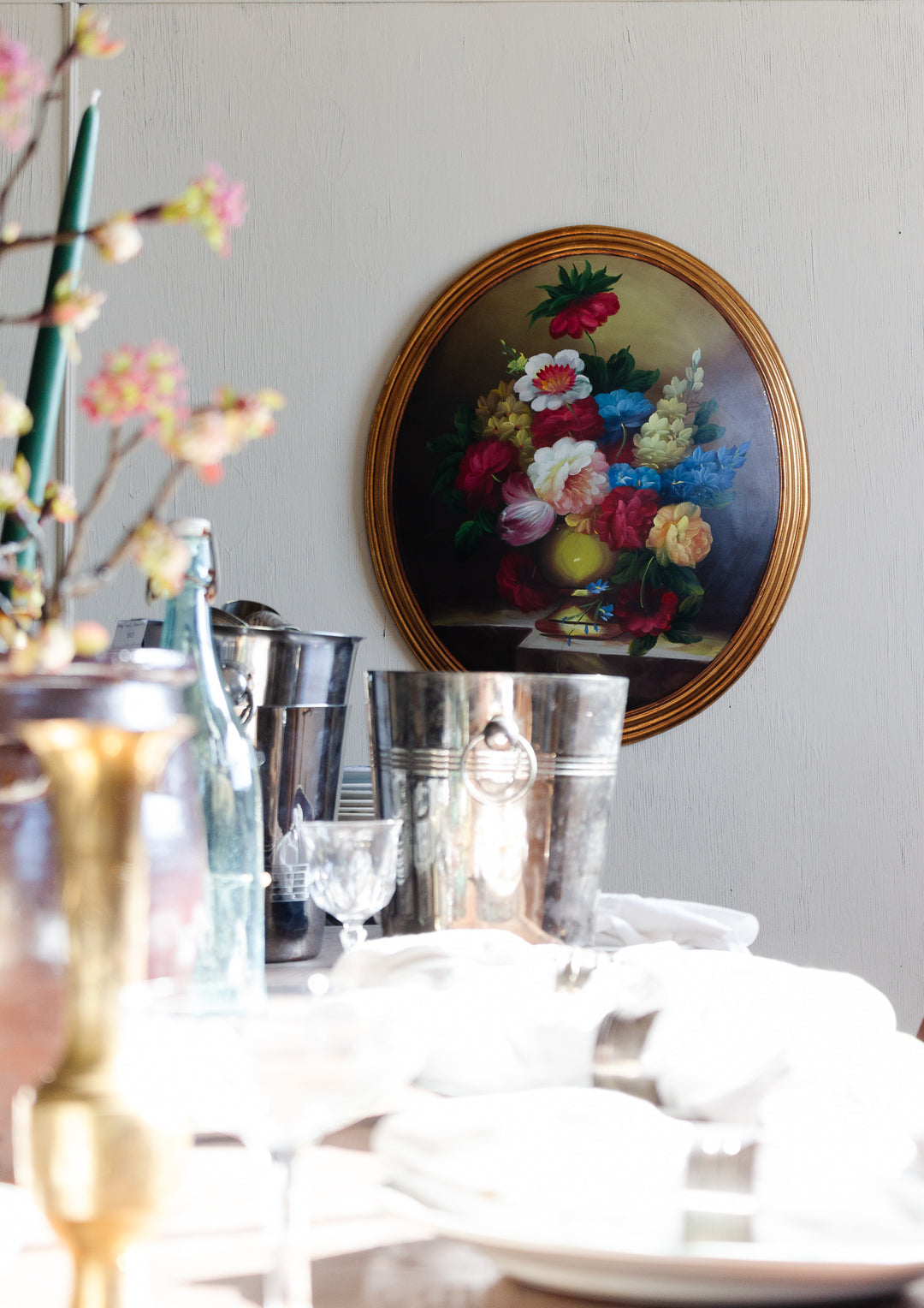 1970s italian hand painted convex wood still life with gilt wood frame