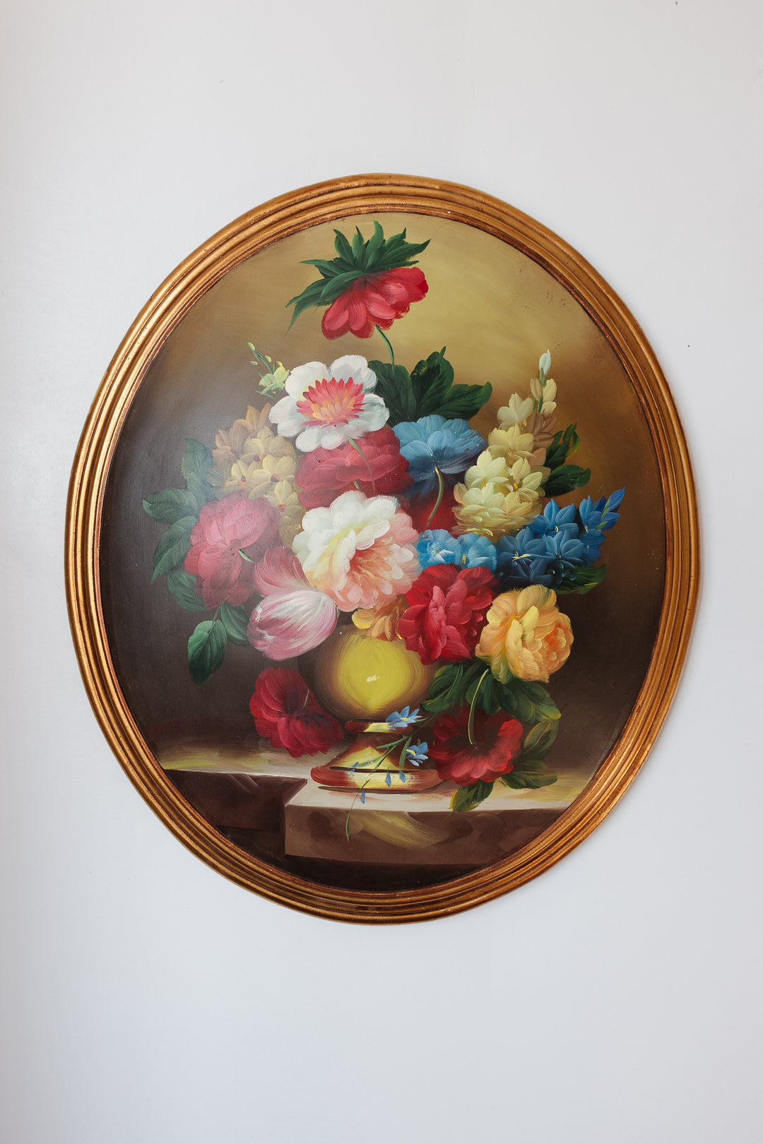 1970s italian hand painted convex wood still life with gilt wood frame