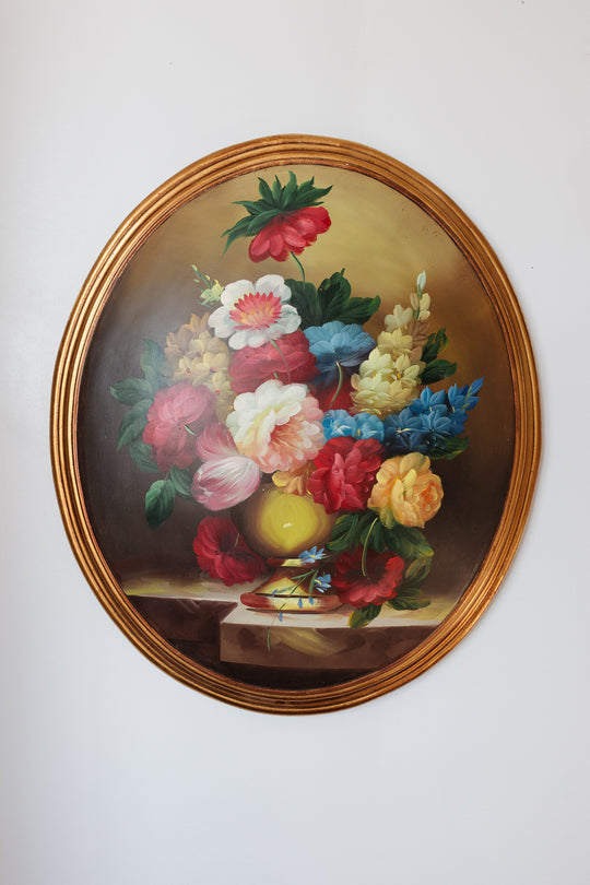 1970s italian hand painted convex wood still life with gilt wood frame
