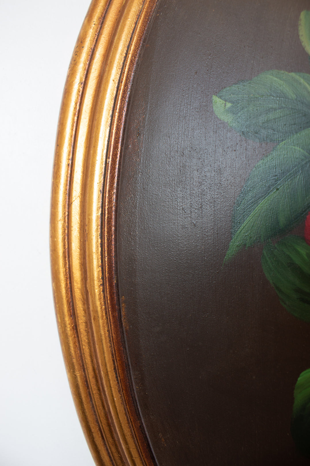 1970s italian hand painted convex wood still life with gilt wood frame