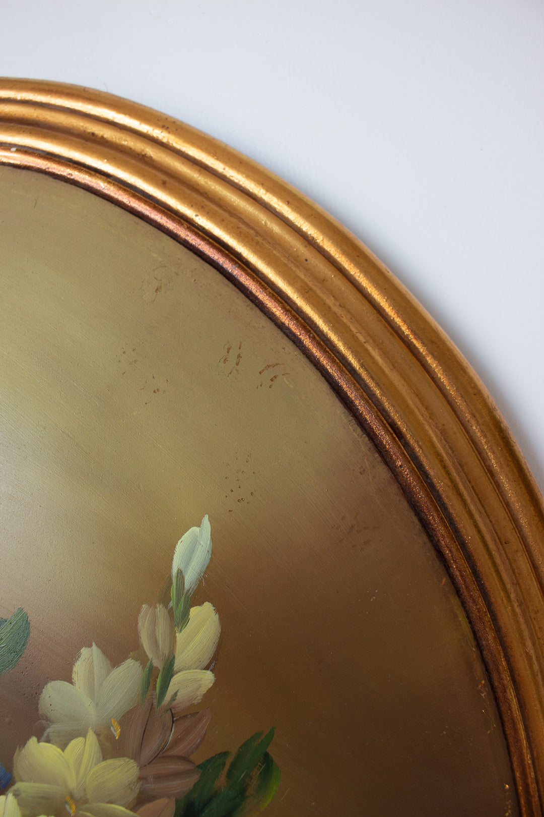 1970s italian hand painted convex wood still life with gilt wood frame