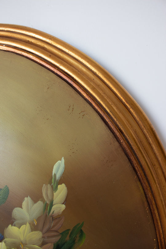 1970s italian hand painted convex wood still life with gilt wood frame