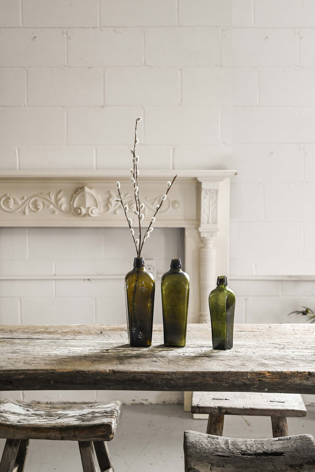 vintage green glass gin bottles