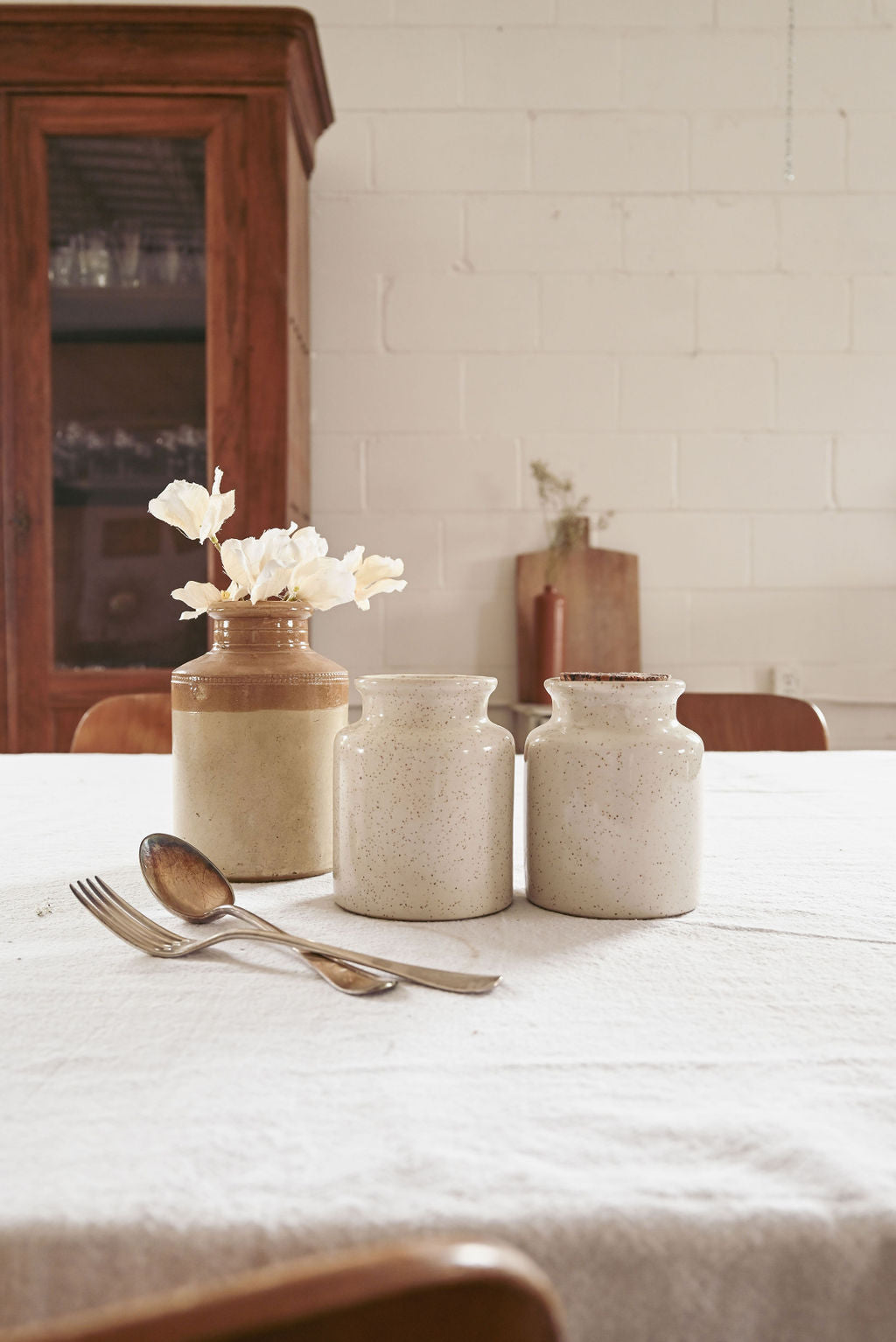 vintage French speckled stoneware mustard jar