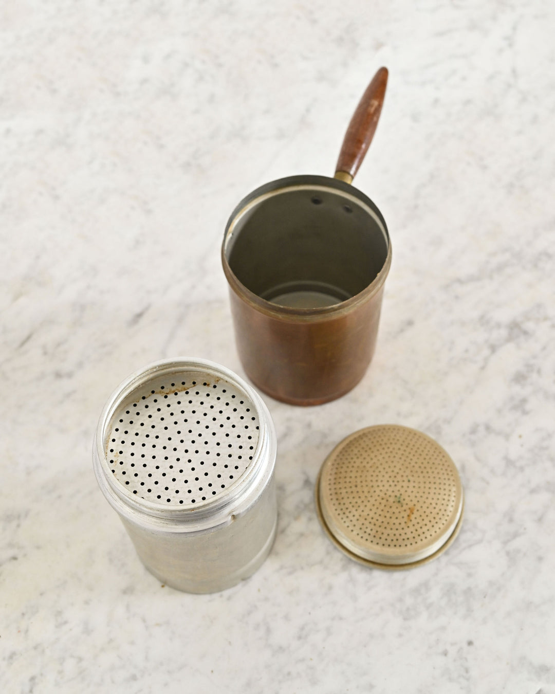 antique copper and aluminum sugar sifter